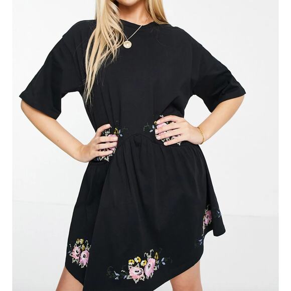 ASOS Dresses & Skirts - ASOS DESIGN Black Mini Smock Dress Floral Embroidery